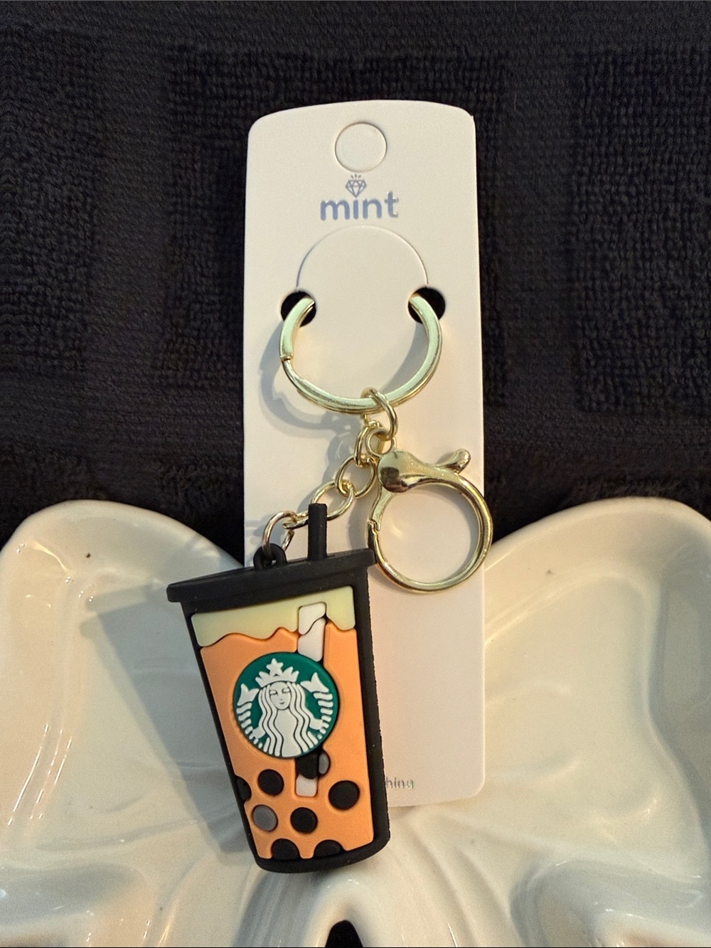 Mint Gold Keychain with Orange and Black Boba Cup Charm